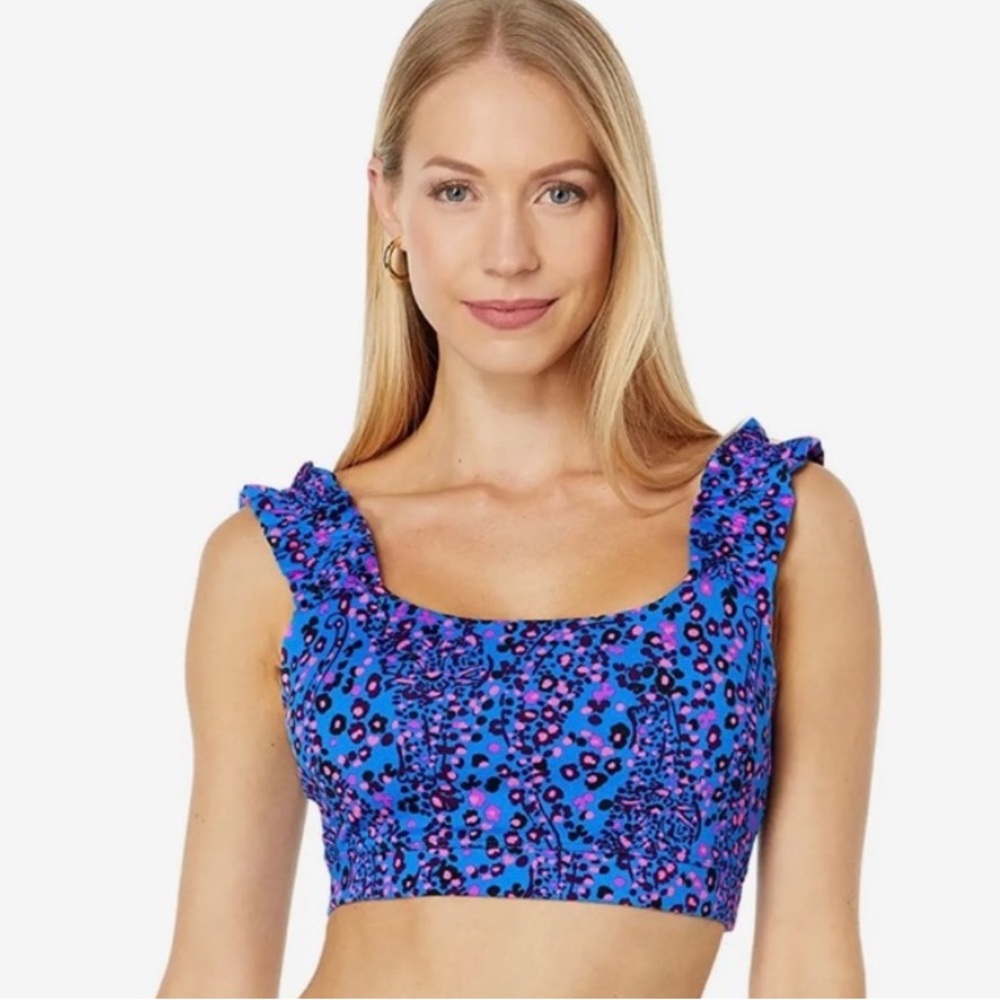 NWT Lilly Pulitzer Karena Ruffle Sports Bra in Blue Flare Growl Prowl Size XS